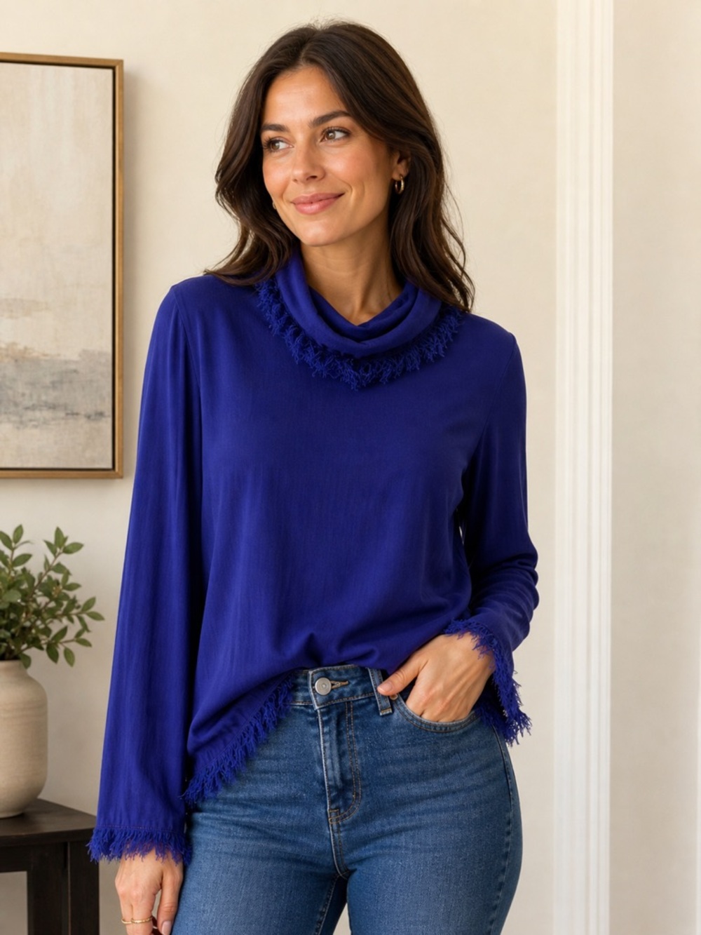 Raquel Allegra Purple Fringe-Trim Cowl Neck Top Small Handmade in USA
